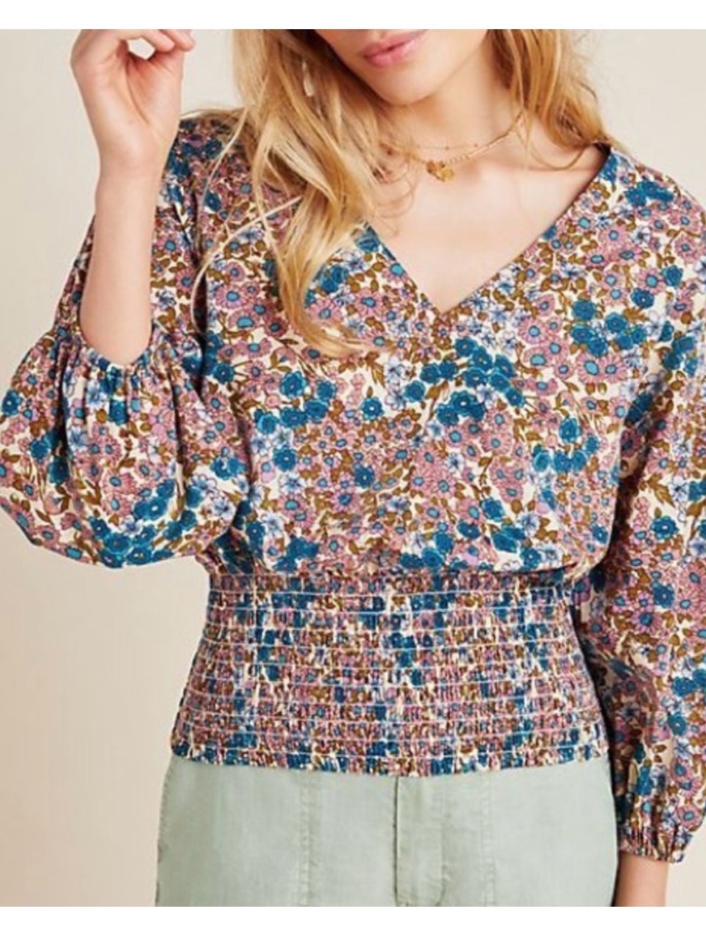 Maeve women’s Floral elastic waist V-neck Top balloon sleeve top size xs